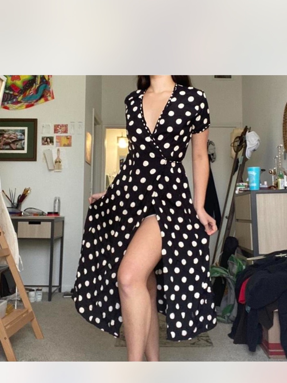 American Vintage Black and White Polka Dot Wrap Midi Dress